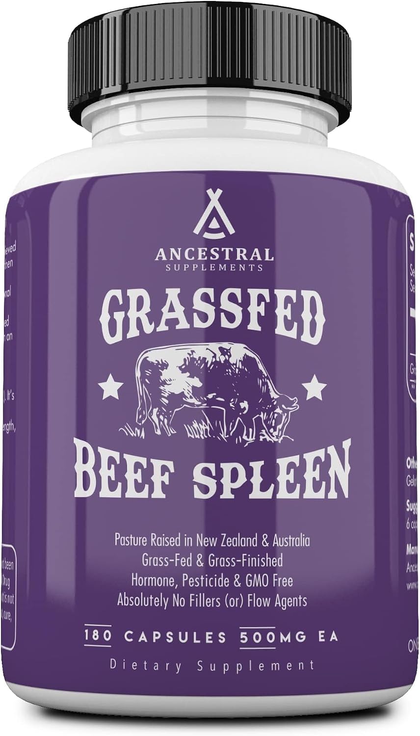 Ancestral Supplements Grass Fed Beef Spleen Capsules, 3000mg, 180 Ct | Spleen support formula promotes digestive, immune, iron, energy and allergy health, plus natural spleen detox.