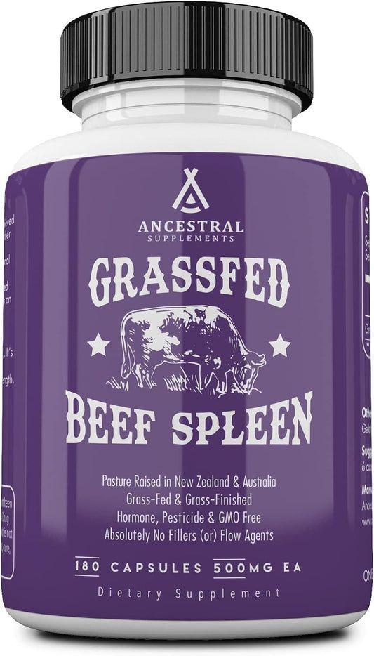 Ancestral Supplements Grass Fed Beef Spleen Capsules, 3000mg, 180 Ct | Spleen support formula promotes digestive, immune, iron, energy and allergy health, plus natural spleen detox.