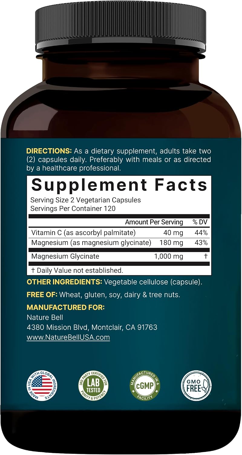 NatureBell Pure Magnesium Glycinate 1,000 mg, 240 Vegetarian Capsules | 1,000 mg Magnesium Glycinate Per Serving - Chelated Magnesium Form with Vitamin C – Non-GMO, Filler Free, cGMP Manufactured