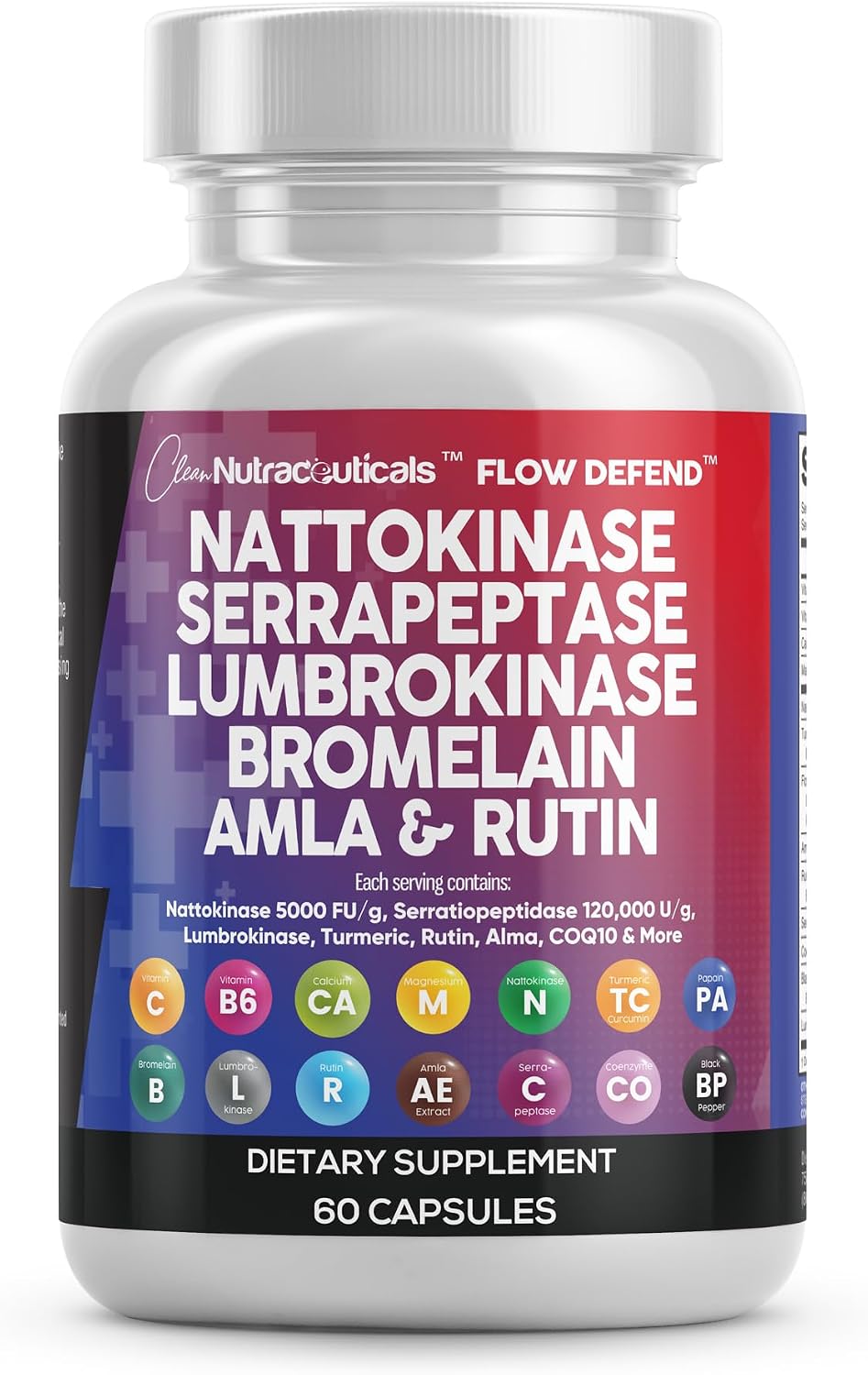 Clean Nutraceuticals Nattokinase 5000 FU Serrapeptase 120000 SPU Lumbrokinase Enzyme Supplement with Bromelain Papain Papaya Enzymes Rutin Extract Amla Magnesium Vitamin B6 & VIT C Capsules