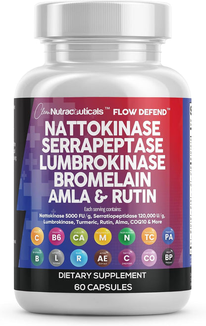 Clean Nutraceuticals Nattokinase 5000 FU Serrapeptase 120000 SPU Lumbrokinase Enzyme Supplement with Bromelain Papain Papaya Enzymes Rutin Extract Amla Magnesium Vitamin B6 & VIT C Capsules