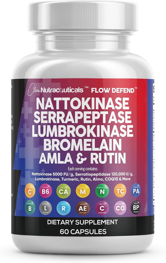 Clean Nutraceuticals Nattokinase 5000 FU Serrapeptase 120000 SPU Lumbrokinase Enzyme Supplement with Bromelain Papain Papaya Enzymes Rutin Extract Amla Magnesium Vitamin B6 & VIT C Capsules