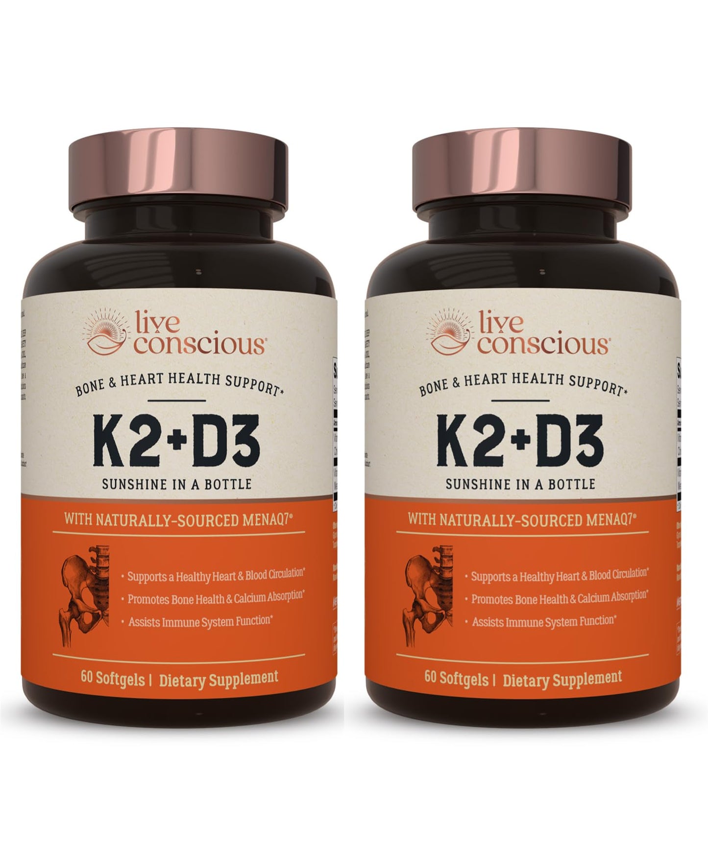 Live Conscious Vitamin K2 MK7 with D3 Supplement | Bone & Heart Health Support - Patented Vitamin K & Vitamin D3 5000 IU - 60 Softgels