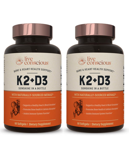 Live Conscious Vitamin K2 MK7 with D3 Supplement | Bone & Heart Health Support - Patented Vitamin K & Vitamin D3 5000 IU - 60 Softgels