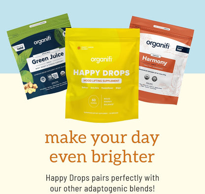 Organifi Happy Drops - Daily Superfood Happy Gummies for Adults - Mood Support Supplement for Balance, Bliss, Energy and Taking the Edge Off - Sweet Lemon Flavor - 60 Gummies