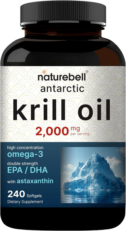 NatureBell Antarctic Krill Oil 2000mg Supplement, 240 Softgels, 3X Strength Natural Source of Omega-3s, EPA 240mg + DHA 160mg + Astaxanthin 800mcg – No Fishy Aftertaste – Mercury Free & Non-GMO
