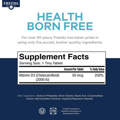 FREEDA Pure Vitamin D3 2000 IU Supplement – 250 Tiny Tablets | Moderate Strength Vitamin D3 Supplement - 50 mcg (2,000 IU) Supporting Bone, Joint, Muscle, and Immune Health for Women & Men