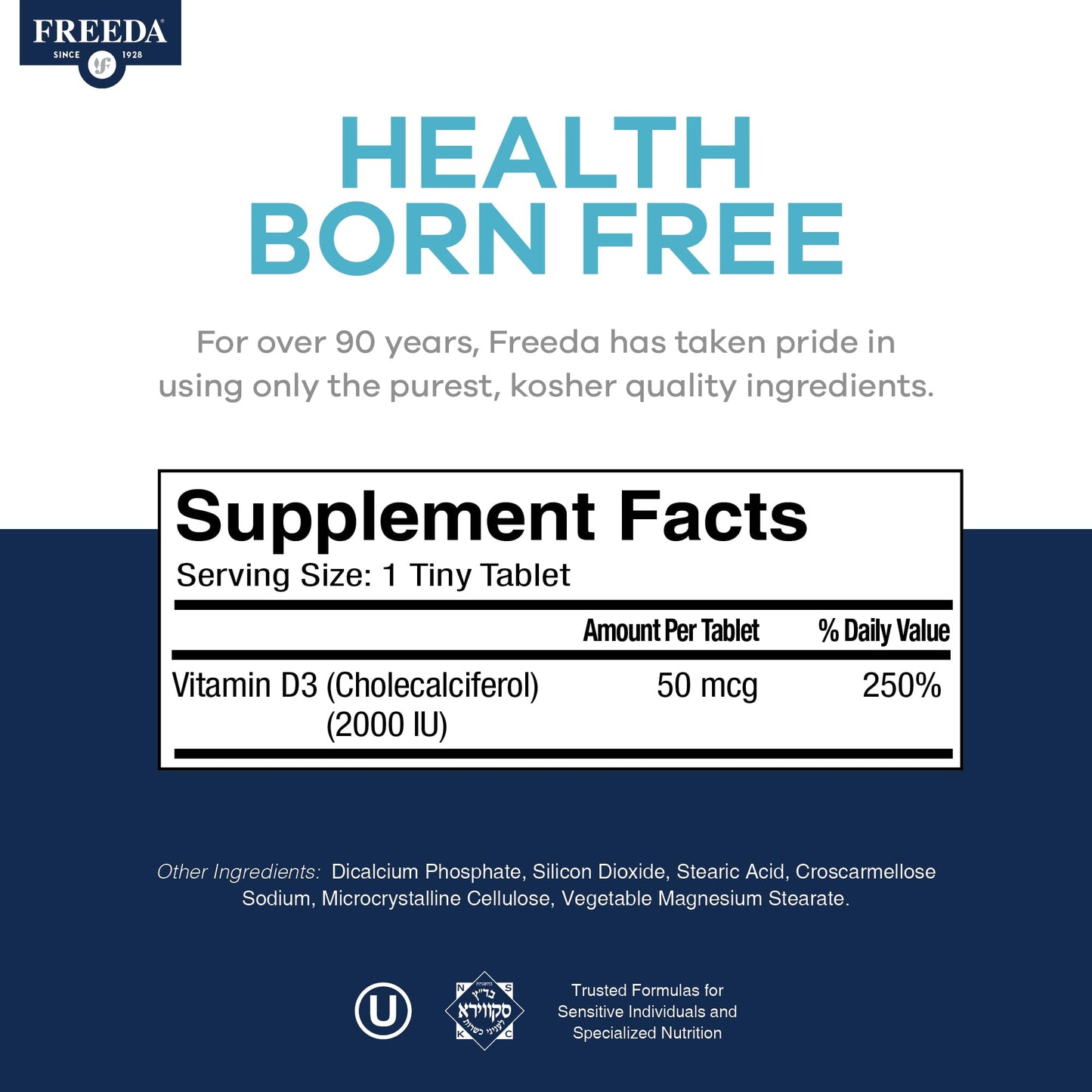 FREEDA Pure Vitamin D3 2000 IU Supplement – 250 Tiny Tablets | Moderate Strength Vitamin D3 Supplement - 50 mcg (2,000 IU) Supporting Bone, Joint, Muscle, and Immune Health for Women & Men