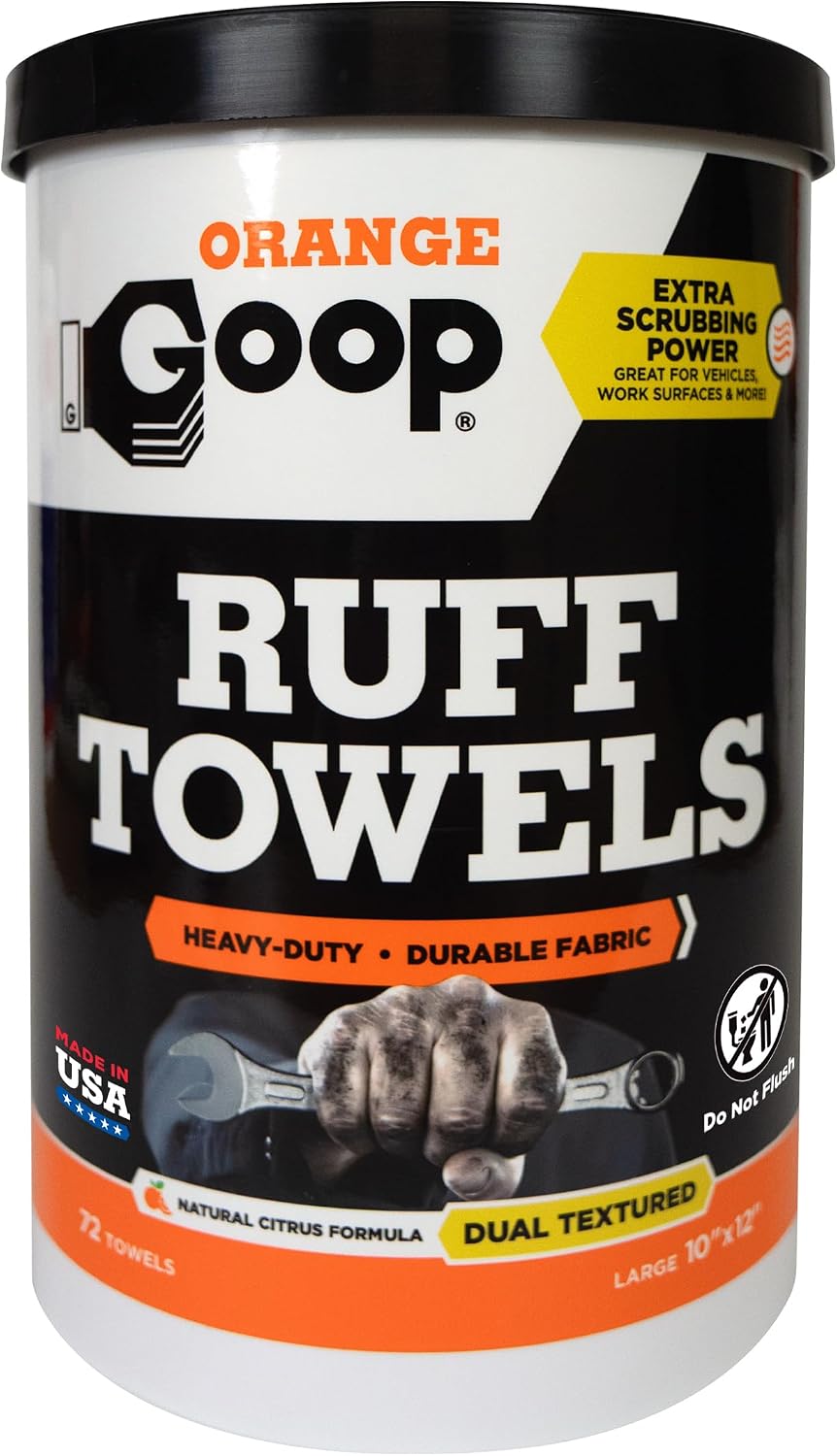 GOOP Orange Heavy Duty Ruff Towels with Scrubbing Power, 10” x 12” Dual Textured Multi-Purpose Cleaning Wipes, Removes Dirt, Grease, Oil, 72 Count