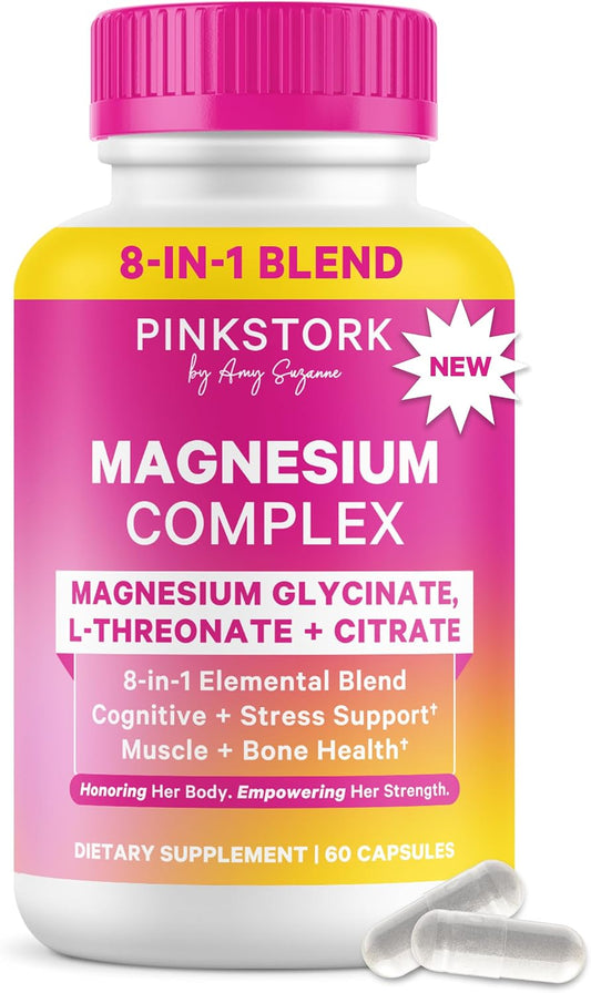 Pink Stork Magnesium Complex for Women, 8 Forms, 60 Capsules | 8 Forms - Glycinate, Malate, Citrate & L-Threonate - Stress, Sleep, Muscle & Hormone Support - 400 mg Elemental Magnesium