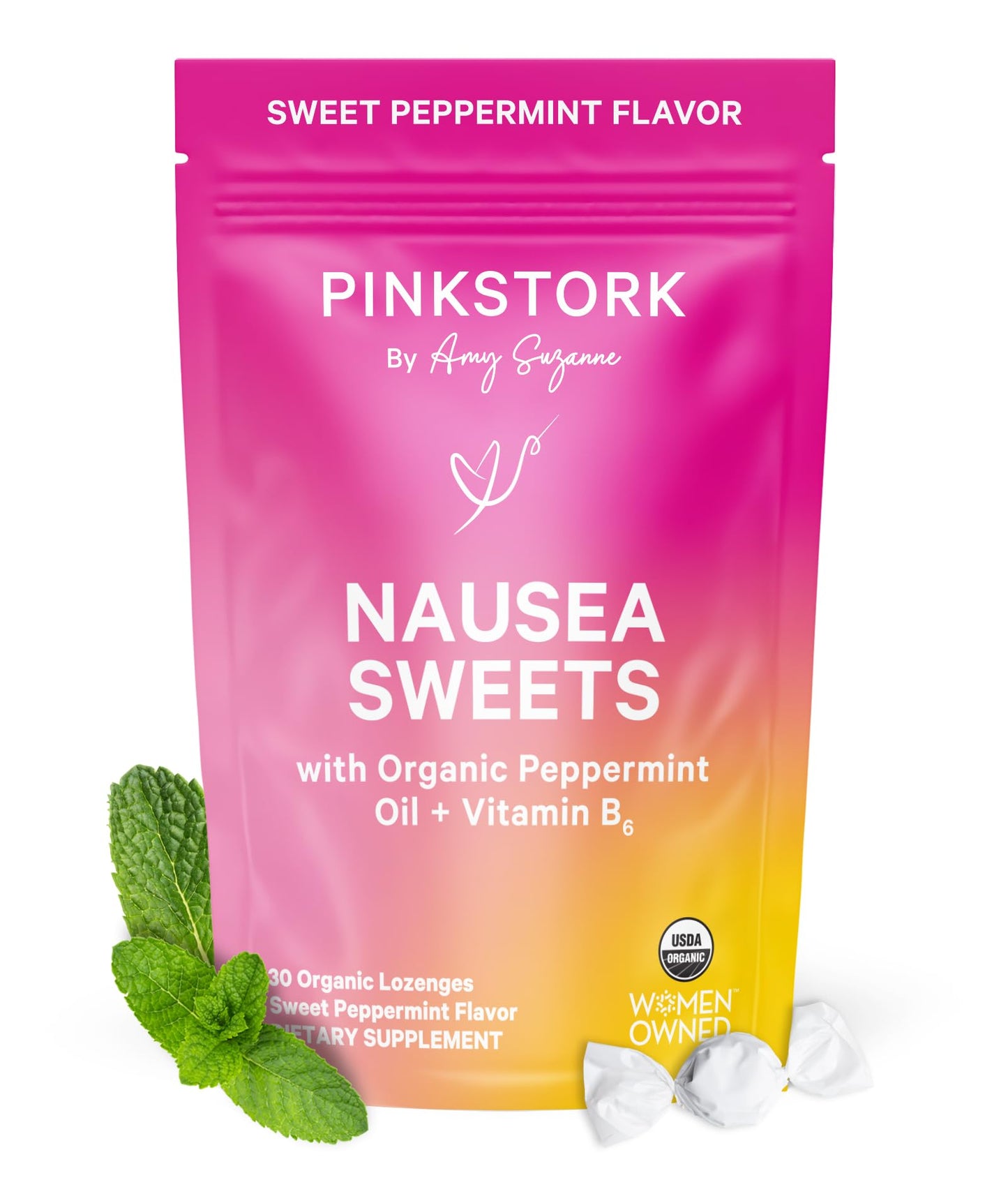 Pink Stork Organic Peppermint Sweets, Peppermint, 30 Candies | Morning Sickness Support, Motion Sickness Support, Added Vitamin B6, 1st Trimester Pregnancy Must Haves, Wrapped