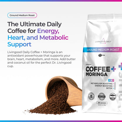 Livingood Daily Coffee with Moringa, Ground Medium Roast Coffee with Plant Based Ingredients for Morning Energy, Made with Moringa Powder, Organic, Non GMO, Vegan, Gluten Free, 20 Servings, 12 oz Bag