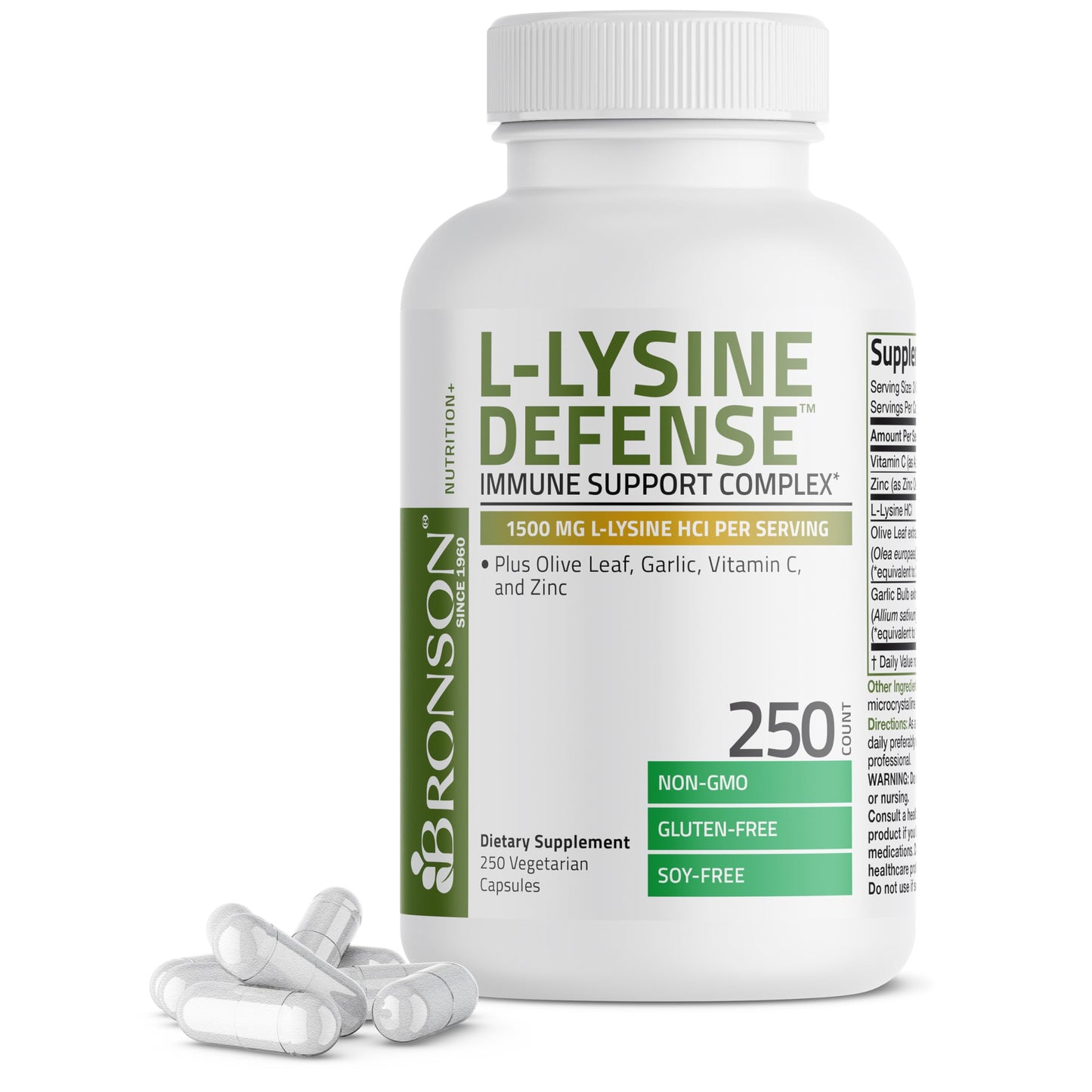 Bronson L-Lysine Defense Immune Support Complex, 1500 mg, 90 Capsules | Essential Amino Acid with Olive Leaf, Garlic, Vitamin C & Zinc, Vegetarian, Non-GMO, Gluten-Free & Soy-Free