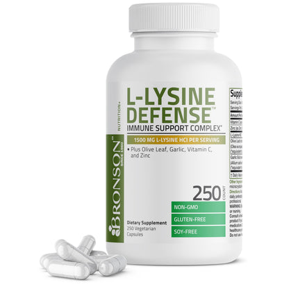 Bronson L-Lysine Defense Immune Support Complex, 1500 mg, 90 Capsules | Essential Amino Acid with Olive Leaf, Garlic, Vitamin C & Zinc, Vegetarian, Non-GMO, Gluten-Free & Soy-Free