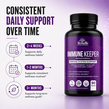 HerbaMe Immune Support Supplement, 15 in 1 Daily Wellness Formula with Elderberry, Quercetin, Zinc, Vitamin C & Selenium, Olive Leaf & Garlic for Men & Women, 90 Capsules