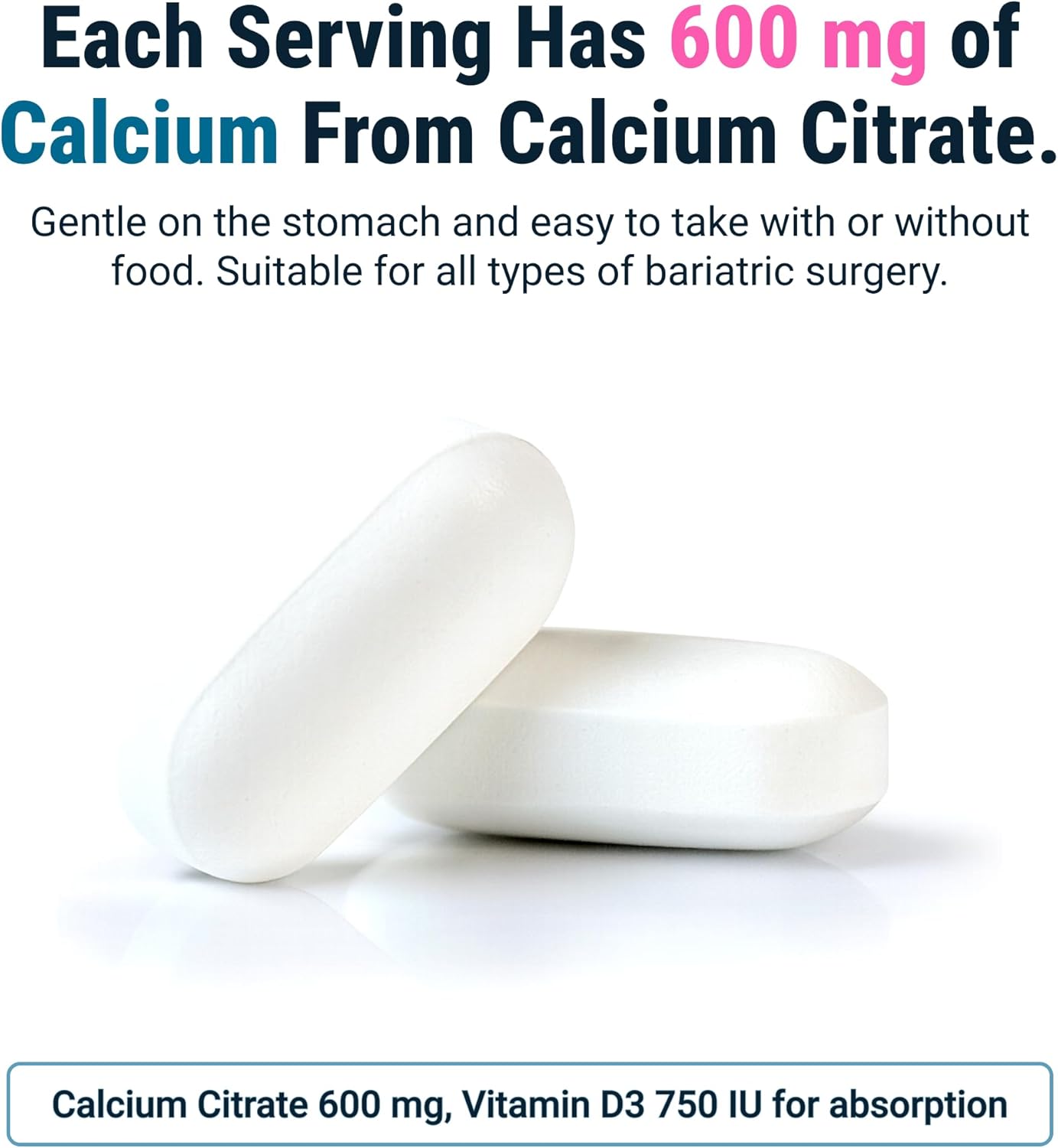 BariatricPal Easy Swallow Calcium Citrate (600mg) and D3 Coated Tablets (30-Day Supply)