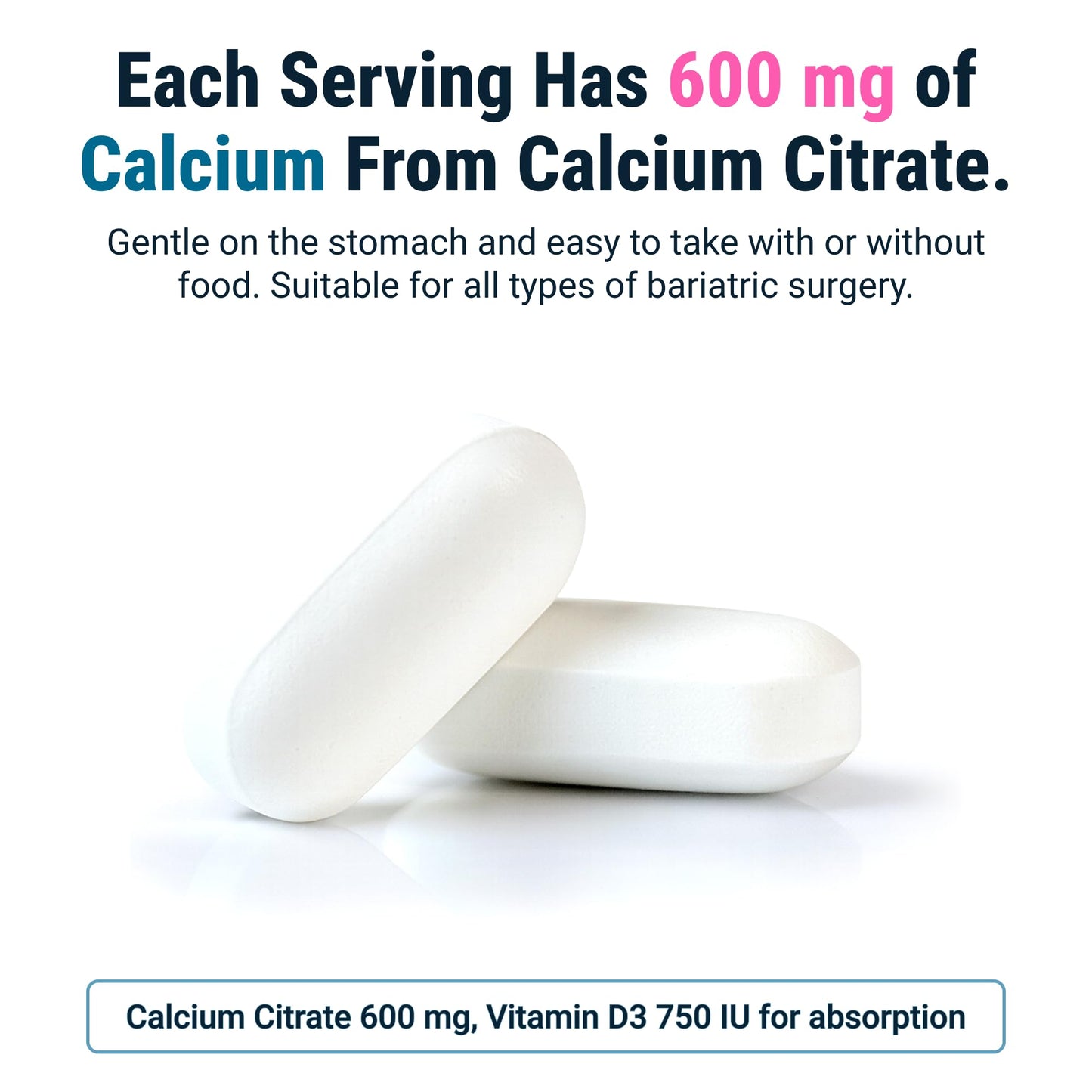 BariatricPal Easy Swallow Calcium Citrate (600mg) and D3 Coated Tablets (30-Day Supply)