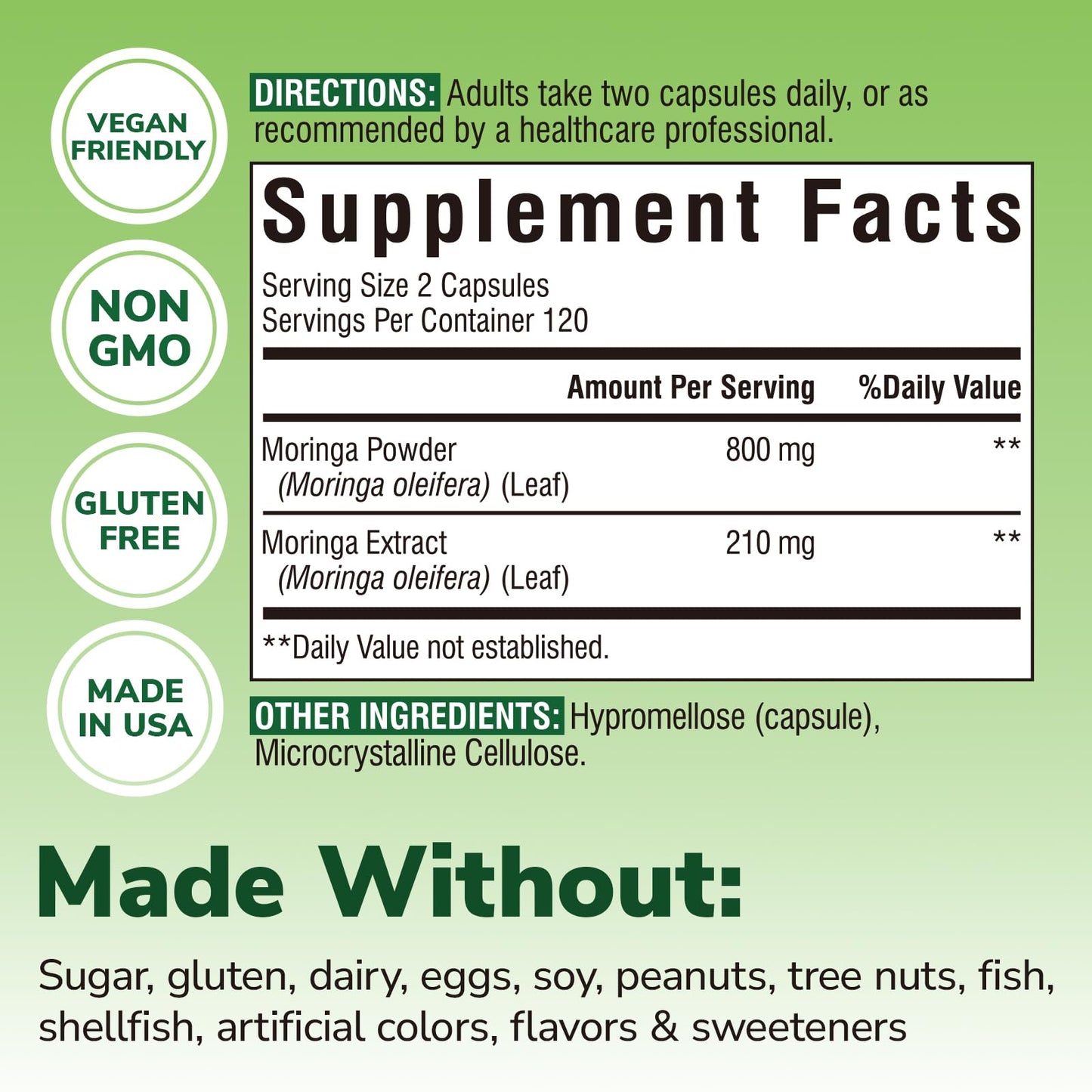 Moringa 1,010 mg, Maximum Potency, Complete Green Superfood, Rich in Antioxidants, No Gluten & Caffeine, Non-GMO, Energy, Immune, Gut & Skin Health, 90 Vegan Capsules