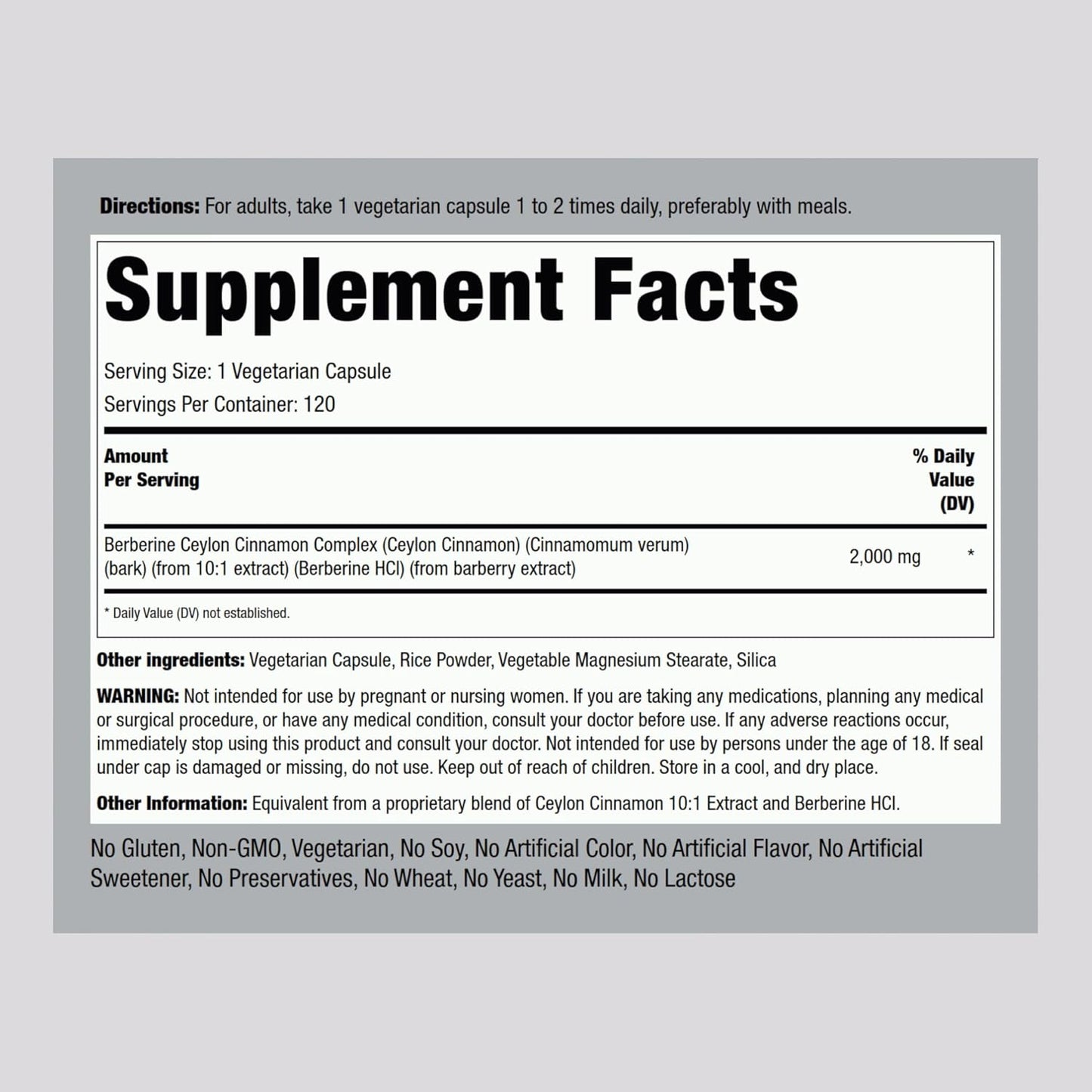 Piping Rock Berberine HCI Ceylon Cinnamon Complex | 120 Capsules | Herbal Extract Supplement | Vegetarian, Non-GMO & Gluten Free Formula