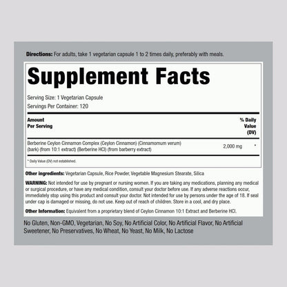 Piping Rock Berberine HCI Ceylon Cinnamon Complex | 120 Capsules | Herbal Extract Supplement | Vegetarian, Non-GMO & Gluten Free Formula