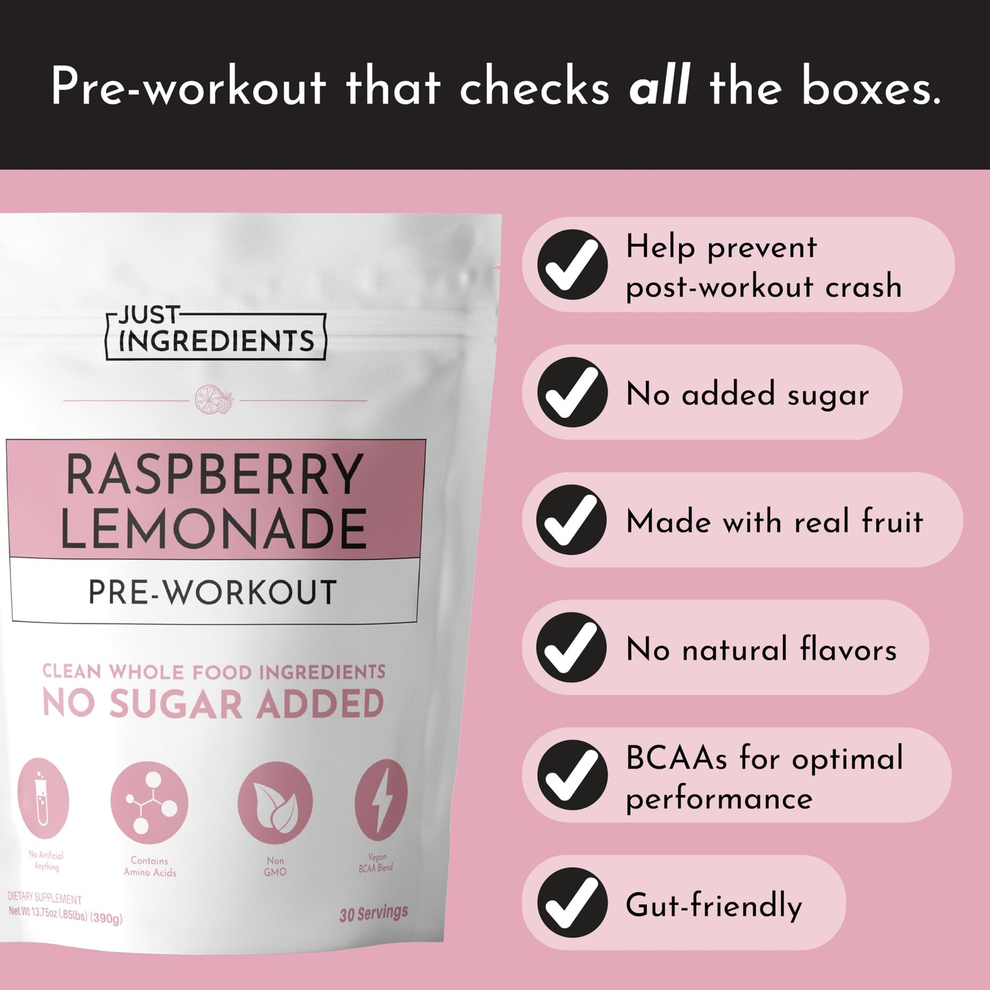 JUST INGREDIENTS Pre-Workout Raspberry Lemonade - Natural, Gluten-Free, No Artificial Sweeteners - 30 Servings, 150mg Caffeine