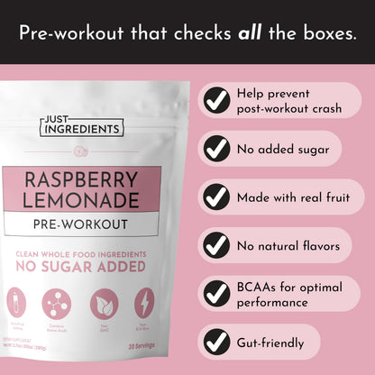 JUST INGREDIENTS Pre-Workout Raspberry Lemonade - Natural, Gluten-Free, No Artificial Sweeteners - 30 Servings, 150mg Caffeine