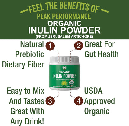 Peak Performance Organic Inulin Powder Natural Prebiotic Fiber for Gut Health. USDA Organic Raw Plant Based Vegan Prebiotics FOS Supplement from Jerusalem Artichoke