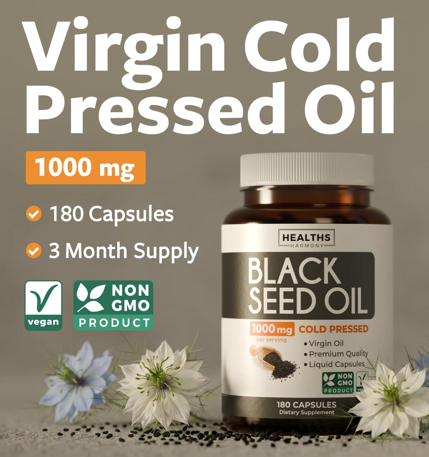 Black Seed Oil - 120 Softgel Capsules Skin Health (Non-GMO & Vegan) Cold-Pressed Nigella Sativa Producing Pure Black Cumin Seed Oil with Vitamin E - 500mg Each, 1000mg Per 2 Capsule Serving