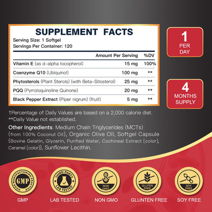 DRFOSTER CoQ10 100mg Ubiquinol - Coenzyme Q10 Co Q 10 Supplement Cq10 with PQQ & Vitamin E & Black Pepper - 120 Count