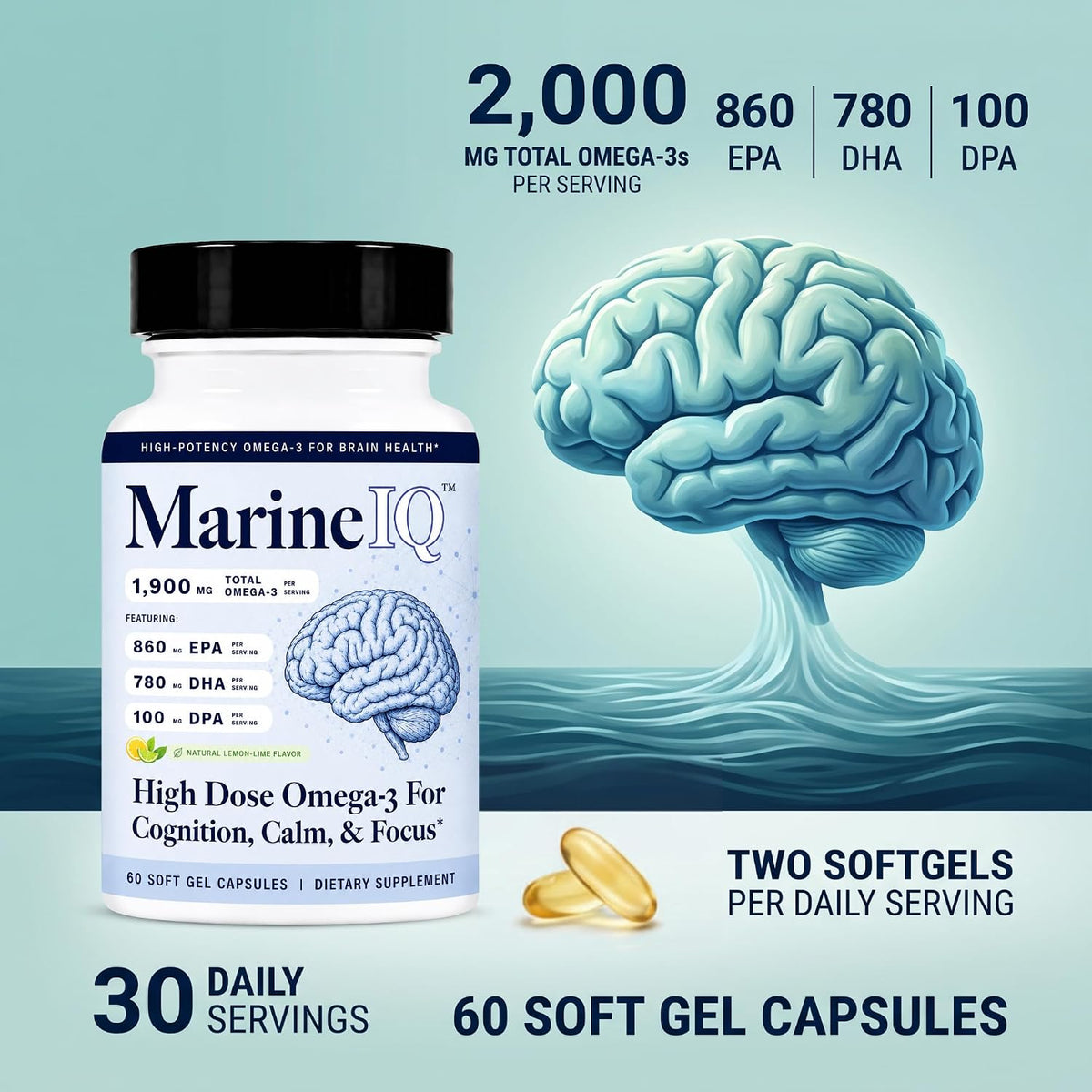 Utzy Naturals MarineIQ | High-Potency Omega-3 for Brain Health | 60 Softgel