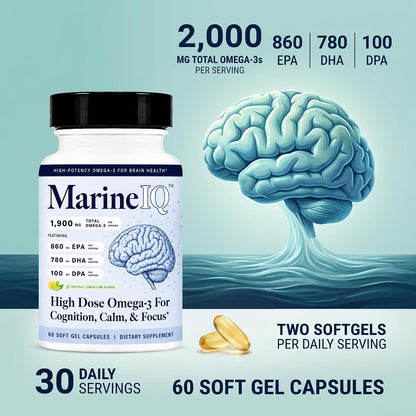 Utzy Naturals MarineIQ | High-Potency Omega-3 for Brain Health | 60 Softgel