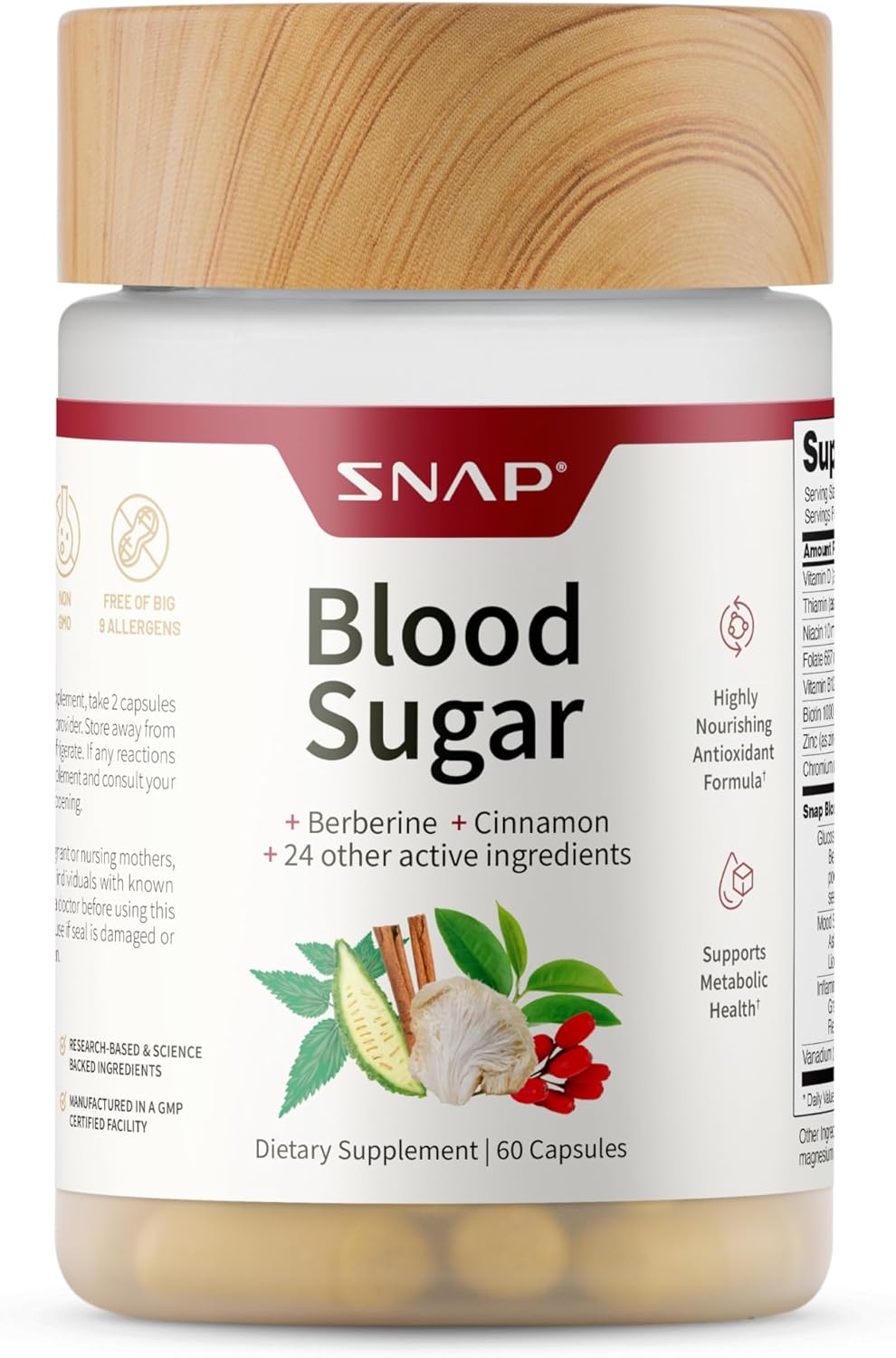 Snap Supplements Blood Sugar Blend with Berberine, CoQ10, 60 Vegan Capsules | Support Already Healthy Blood Sugar, Metabolic Health and Energy, Sugar Free, with CoQ10, Cinnamon (Packaging May Vary)