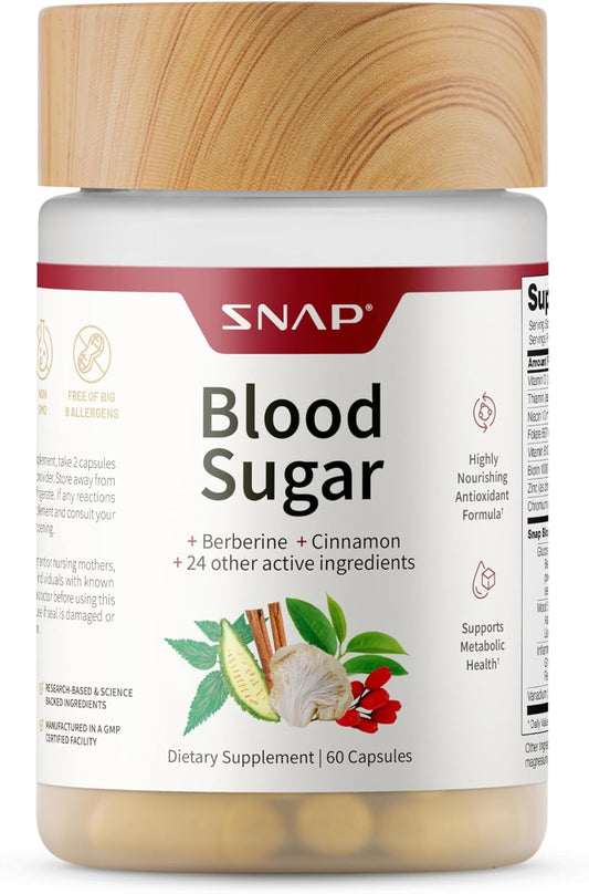 Snap Supplements Blood Sugar Blend with Berberine, CoQ10, 60 Vegan Capsules | Support Already Healthy Blood Sugar, Metabolic Health and Energy, Sugar Free, with CoQ10, Cinnamon (Packaging May Vary)