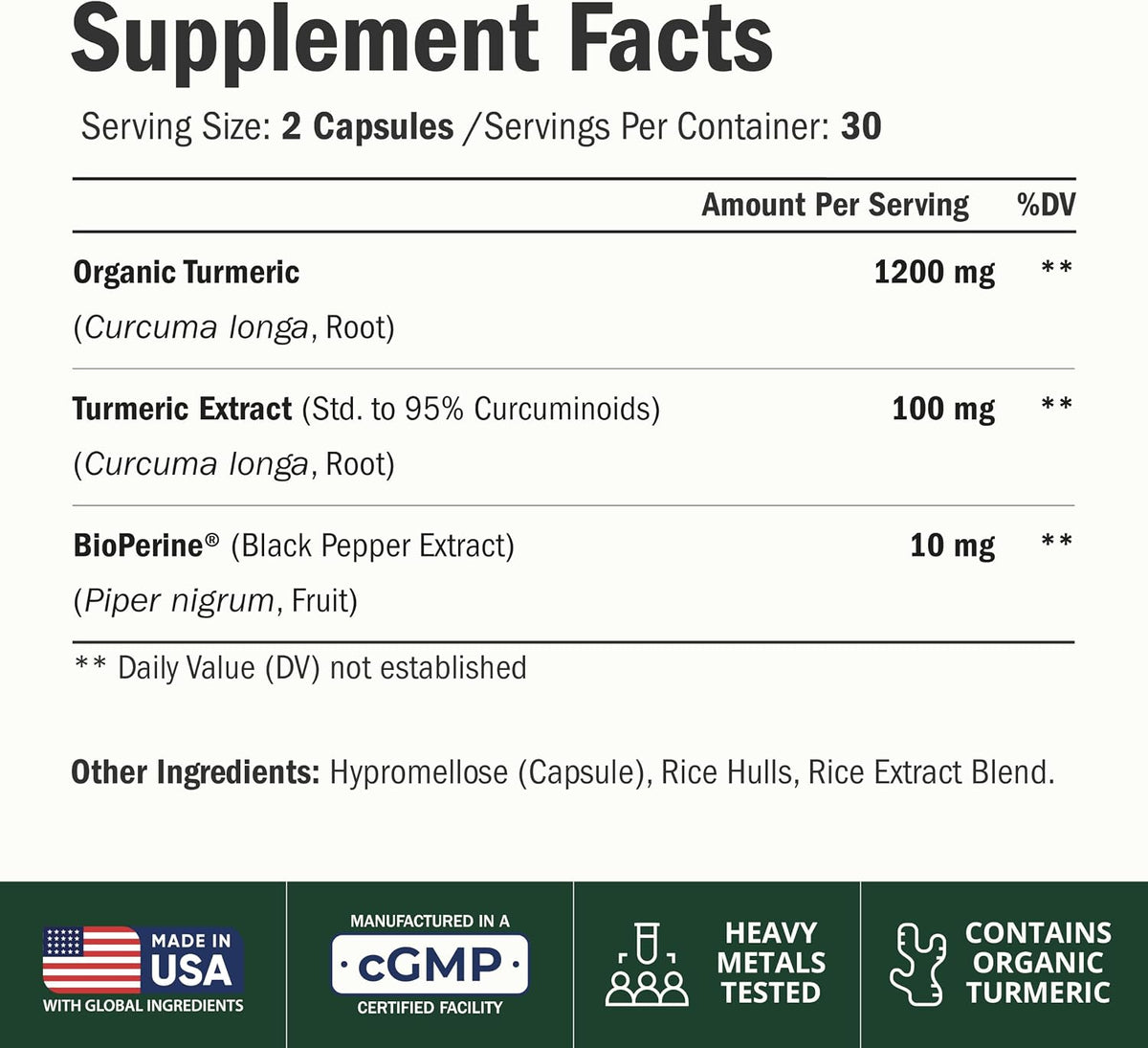 Turmeric Curcumin Supplement – 1200mg Organic Turmeric + BioPerine. 60 Caps