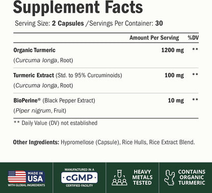 Turmeric Curcumin Supplement – 1200mg Organic Turmeric + BioPerine. 60 Caps