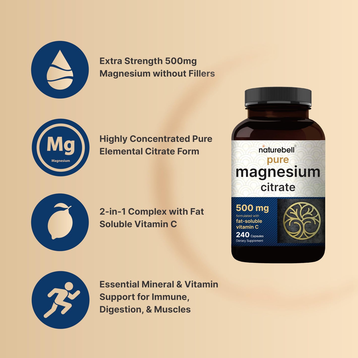 NatureBell Pure Magnesium Citrate 500mg per 3 Capsules Serving Size, 240 Capsules per Bottle | High-Purity Elemental Form | Non-GMO, Gluten-Free