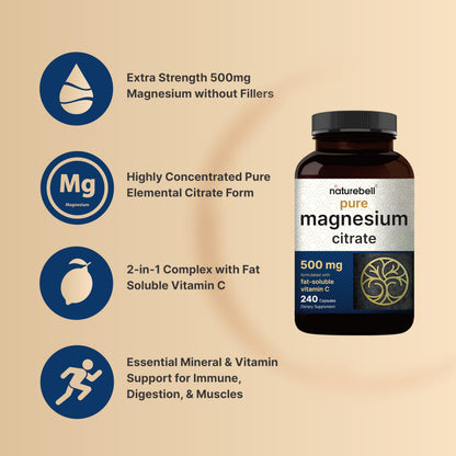 NatureBell Pure Magnesium Citrate 500mg per 3 Capsules Serving Size, 240 Capsules per Bottle | High-Purity Elemental Form | Non-GMO, Gluten-Free