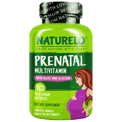 NATURELO Prenatal Multivitamin with Gentle Chelated Iron, Methyl Folate, Plant Calcium & Choline - Vegan, Vegetarian - Non-GMO - Gluten Free - 180 Capsules - 2 Month Supply