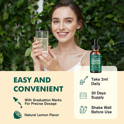 Liposomal Lymphatic Drainage Liquid Drops - Lymphatic Support Supplement with Dandelion Root, Cleavers, Echinacea, Calendula for Immune, Detox Cleanse, Lymph System Support, Lemon Flavor, 2 Fl Oz