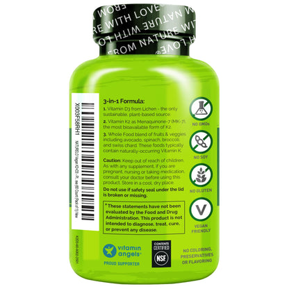 NATURELO Vitamin D3 K2 - Vegan with Plant Based D3 from Lichen - Natural Supplement for Immune System, Bone Support, Heart Health - Whole Food - Non-GMO - Gluten Free, 60 Capsules