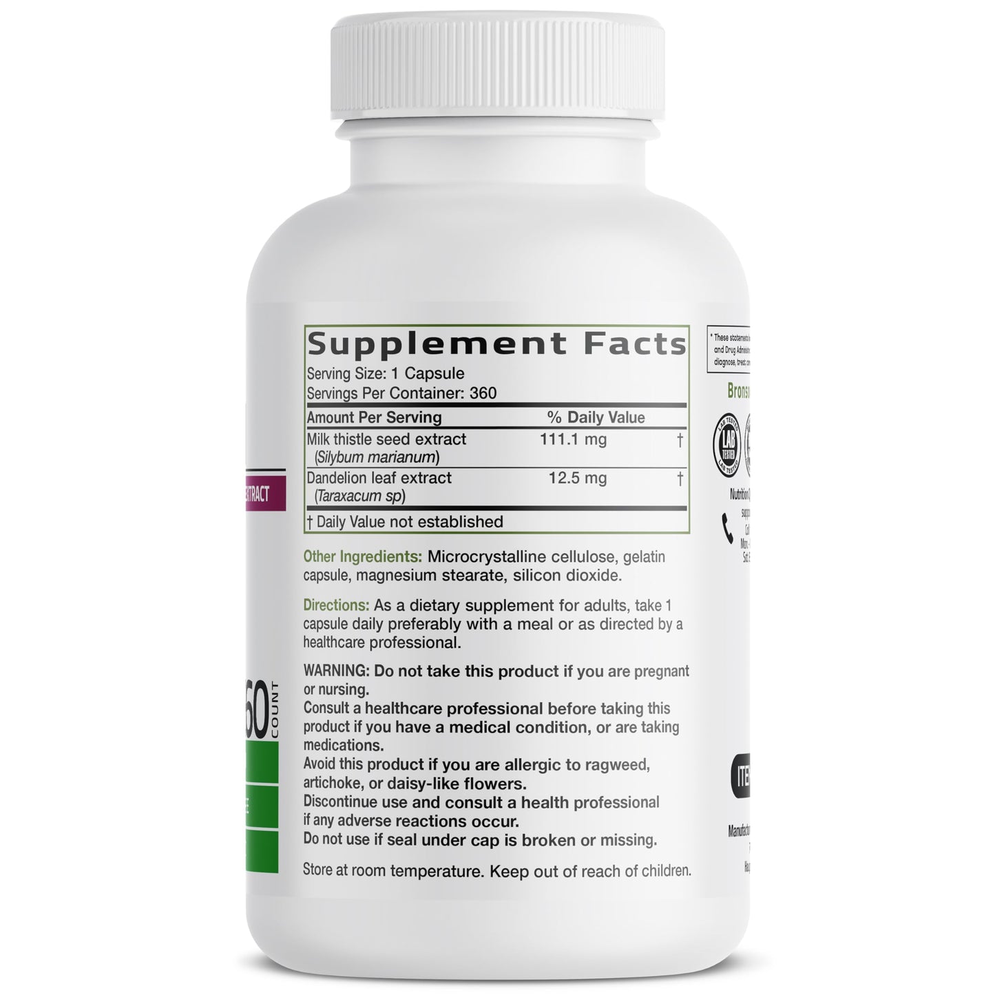 Bronson Milk Thistle Silymarin Marianum & Dandelion Extract, 120 Capsules | 2-in-1 Liver Cleanse, Health, Detox & Antioxidant Support, Non-GMO, Gluten-Free, Soy-Free