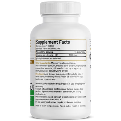 Bronson L-Lysine Extra Strength 1000 MG per Tablet High Potency, Immune Support & Supports Collagen Synthesis, Non-GMO, 100 Vegetarian Tablets