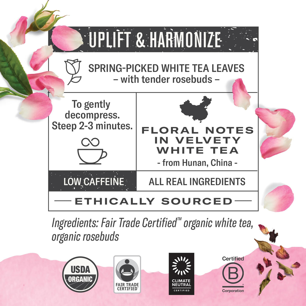 Numi Organic White Rose Tea, 16 Tea Bags, White Tea & Fragrant Rosebuds, Low Caffeine