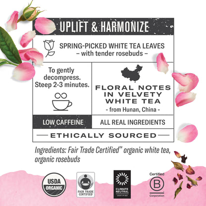 Numi Organic White Rose Tea, 16 Tea Bags, White Tea & Fragrant Rosebuds, Low Caffeine