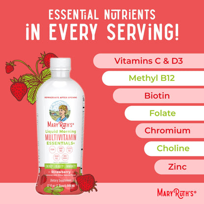MaryRuth's Liquid Morning Multivitamin Essentials+ | Vitamin A C D E B6 B12 Biotin Zinc | Mens Womens Multivitamin | Immune Support | Beauty | Sugar Free | Vitamins for Ages 1+ | Vegan | 32 Fl Oz