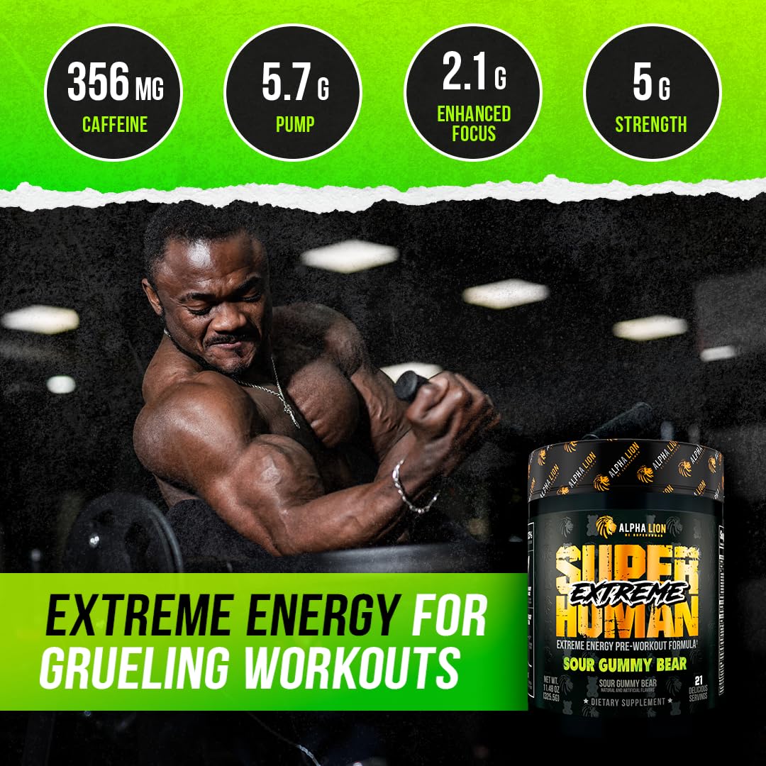 ALPHA LION Superhuman Extreme High Stim Pre Workout Powder, Beta Alanine, L-Taurine & 356mg Tri-Source Caffeine for Sustained Energy, Nitric Oxide & Citrulline for Pump (21 Servings, Slaughtermelon)