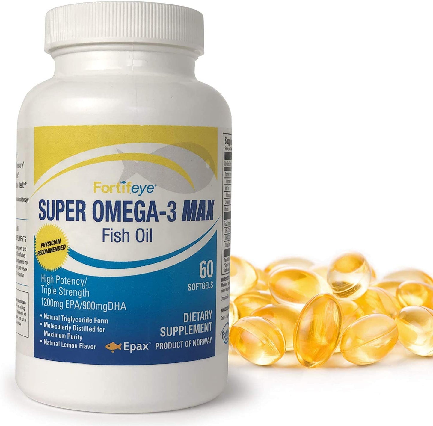 Fortifeye Super Omega-3 Max Fish Oil - 60 Count - Quadruple Strength Ultra-Pure rTG Omega-3-2400mg EPA + DHA in 2 Softgels - Expertly Concentrated & Purified in Norway from Wild Fish - Lemon Flavor