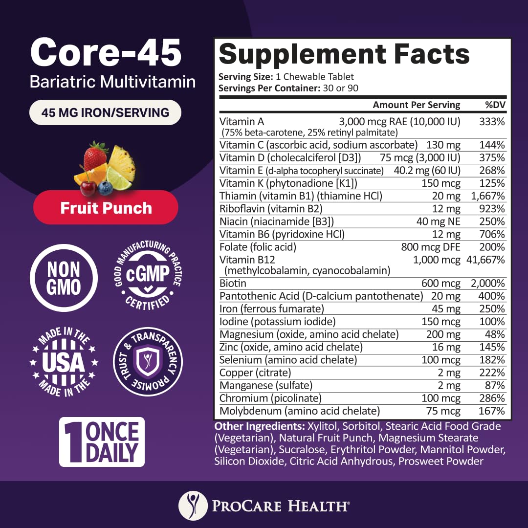 Core-45 Bariatric Multivitamin | Fruit Punch | Chewable | 90ct | Once Daily Bariatric Multivitamin with Iron 45mg Chewable Tablets for Gastric Bypass, Sleeve & Post-Op Support - Made in USA