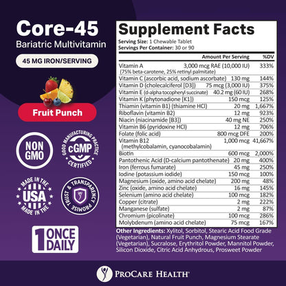 Core-45 Bariatric Multivitamin | Fruit Punch | Chewable | 90ct | Once Daily Bariatric Multivitamin with Iron 45mg Chewable Tablets for Gastric Bypass, Sleeve & Post-Op Support - Made in USA