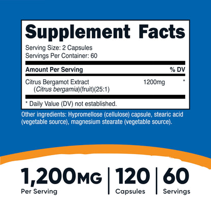 Nutricost Citrus Bergamot Capsules 1,200mg, 120 Capsules, 60 Servings | 25:1 Bergamot Extract, Gluten Free, Vegan, GMO-Free